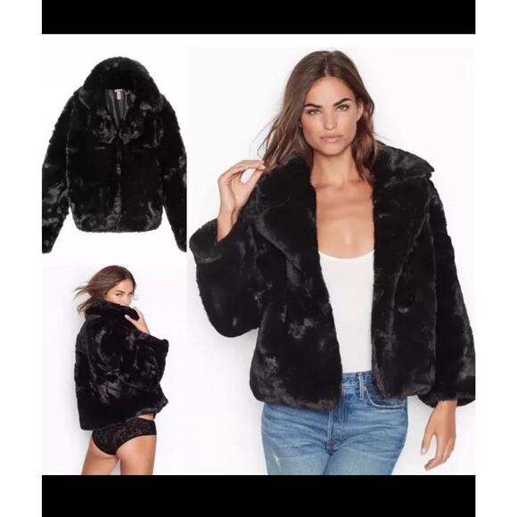 Victoria’s Secret Black Faux Fur Jacket Women’s Medium Short Coat Plush Soft - Picture 10 of 13